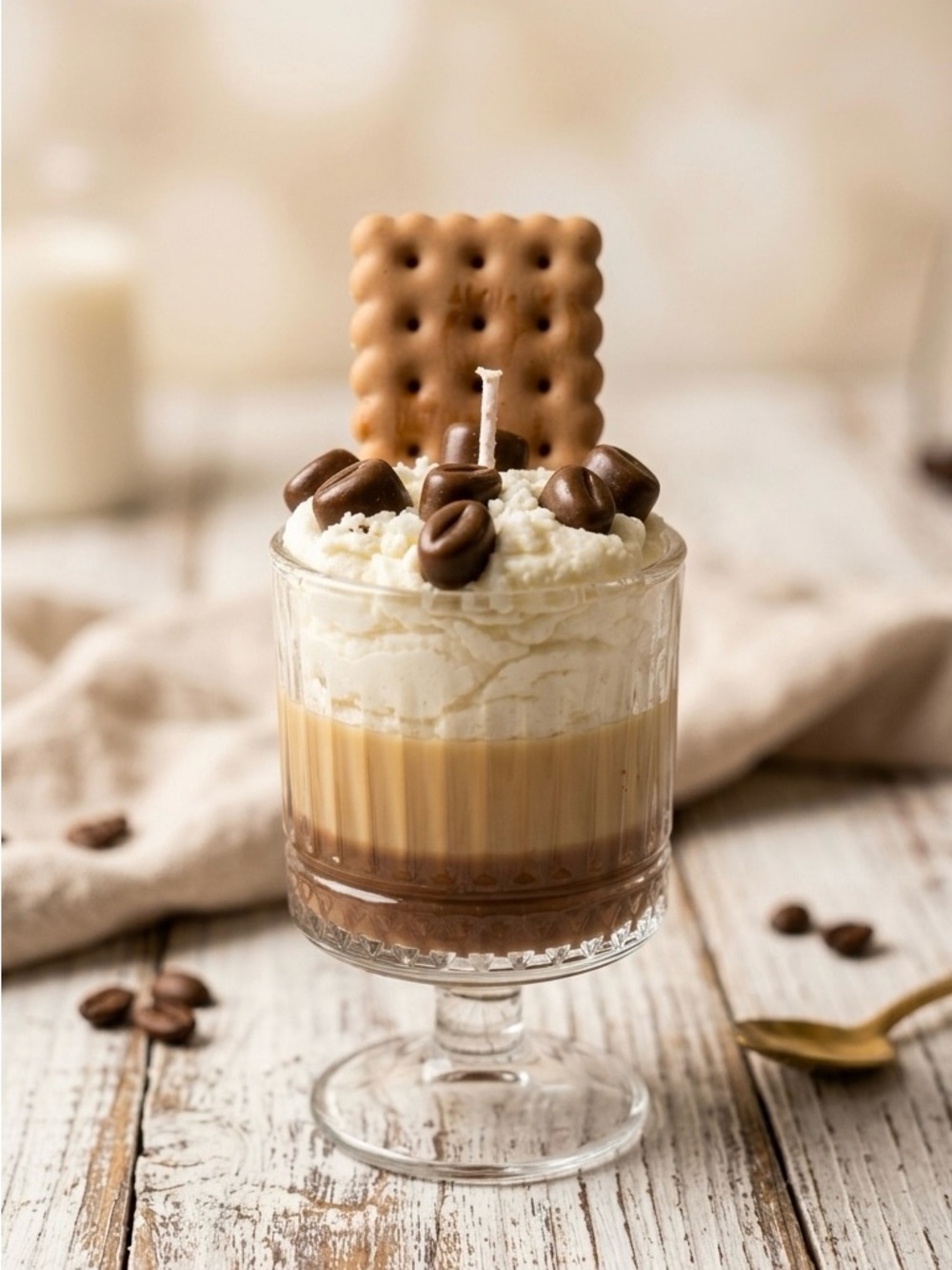 Coffee Dessert Candle in Clear Glass with Biscuit Accent